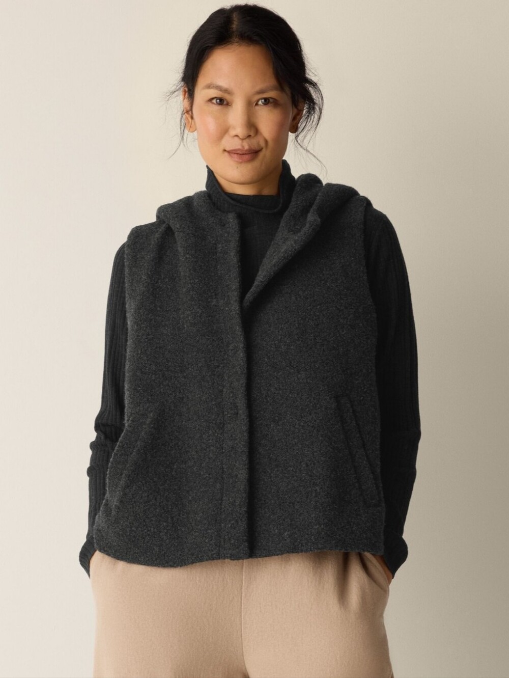 Eileen Fisher Cozy Recycled Wool Boucle Hooded Vest